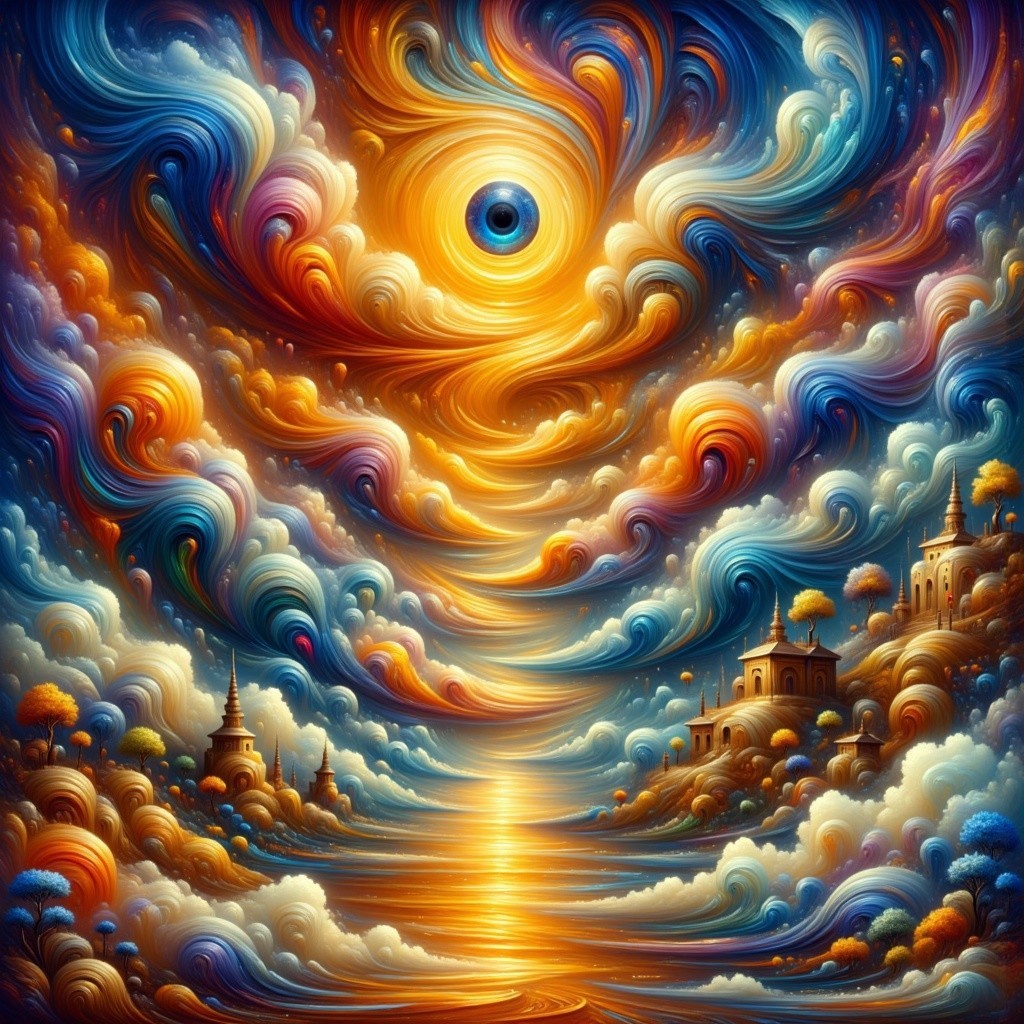 Vibrant Sky with Whimsical Landscapes and Water Reflection