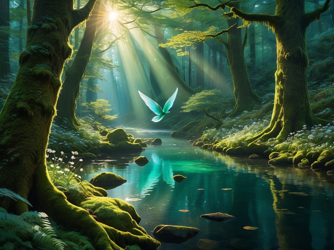 Serene Forest Scene with Stream and Glowing Bird