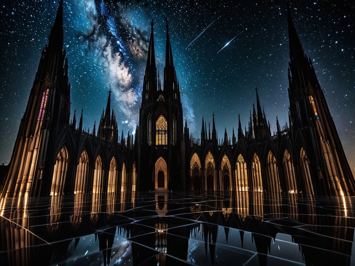 Gothic Cathedral Under Starry Night Sky with Milky Way