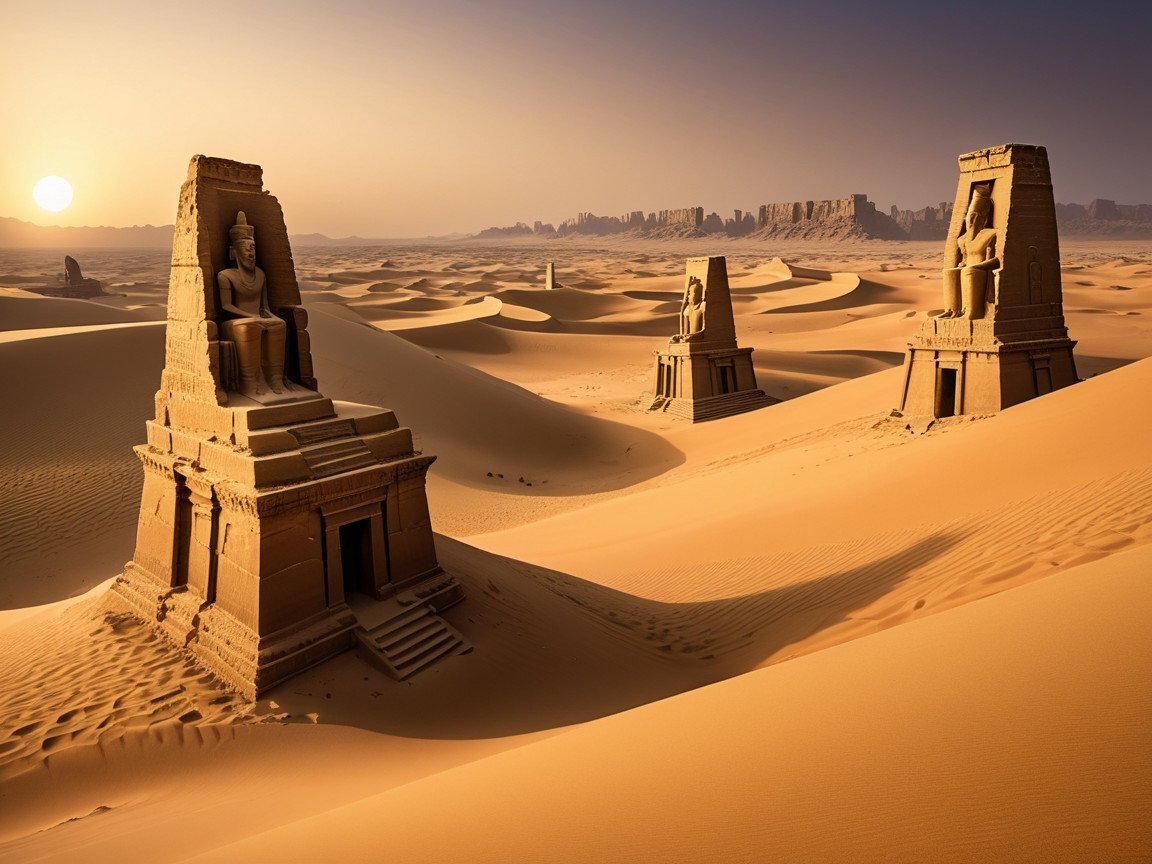 Ancient stone statues in golden sand dunes at sunset