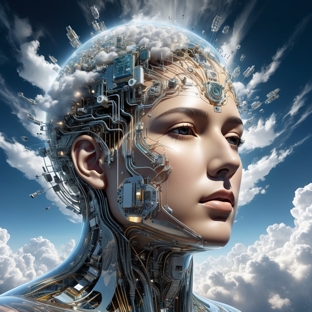 Futuristic humanoid figure with transparent head and circuits