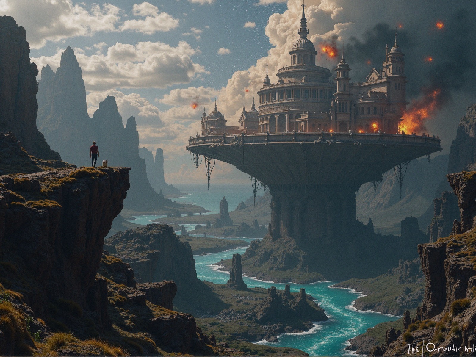 Floating Castle Above Turquoise River and Cliffs