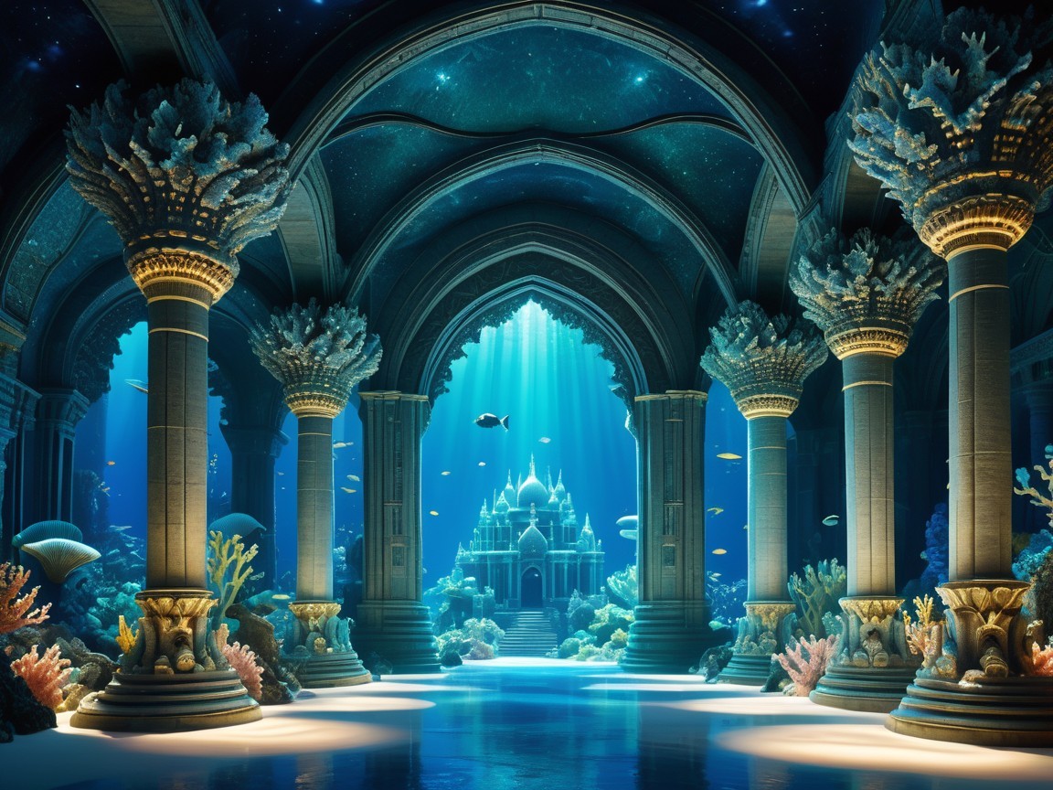 Underwater Scene of Ancient Columns and Marine Life