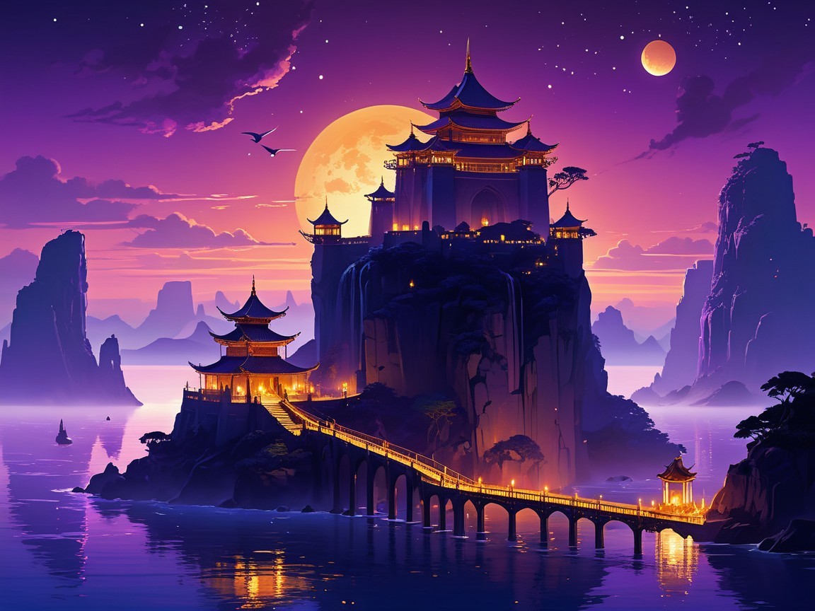 Twilight Landscape with Pagoda and Reflective Water