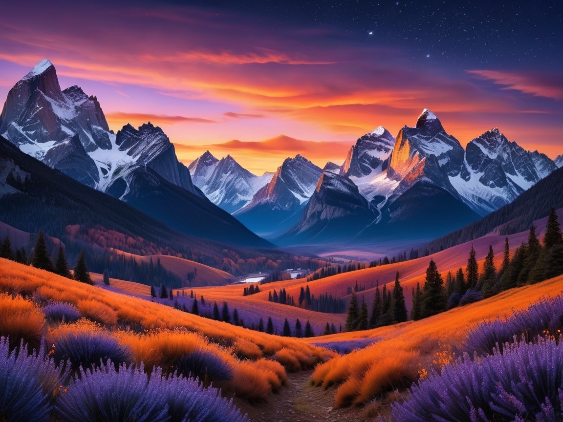Mountain Landscape at Sunset with Lavender Fields