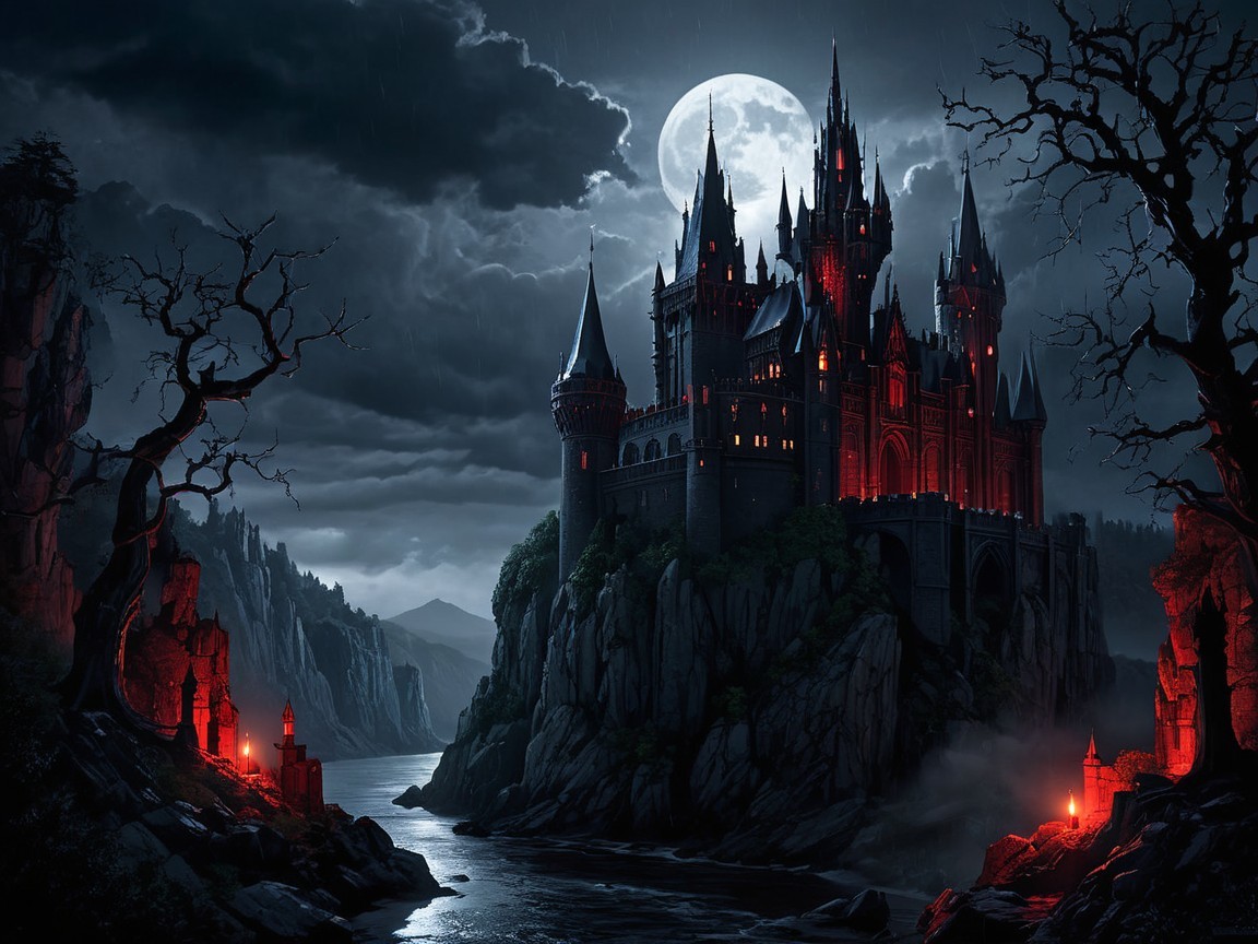 Dark Castle on Cliff with Moonlit Shadows and Stormy Sky