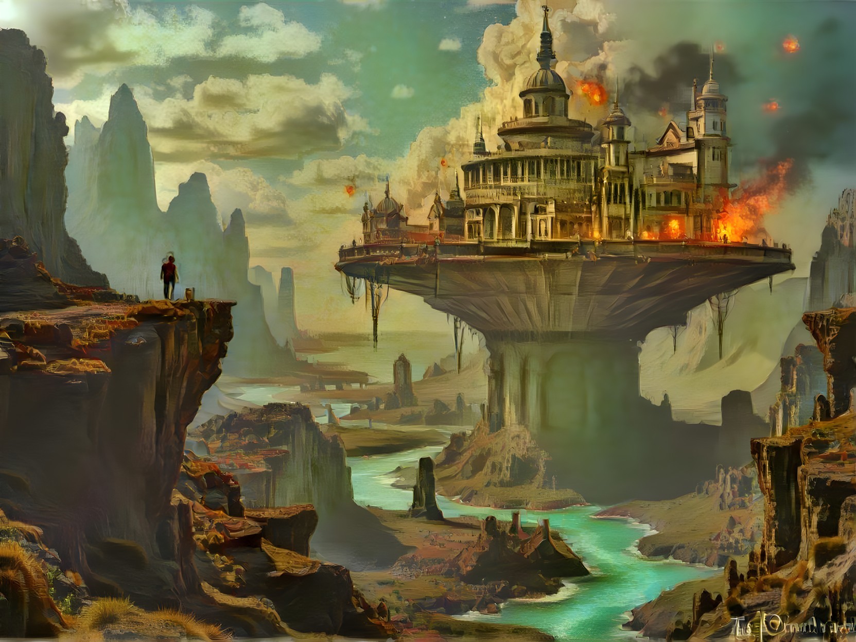 Futuristic city above rugged landscape with waterfalls