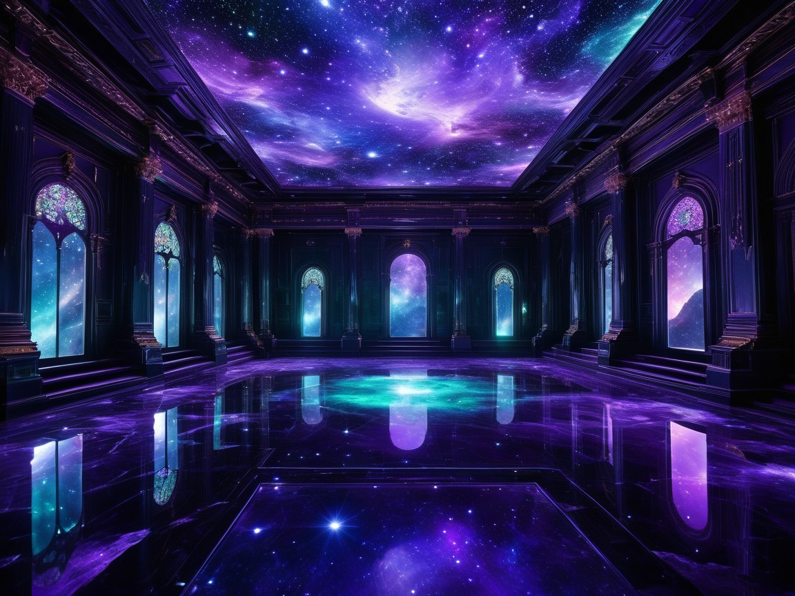 Surreal Interior with Dark Walls and Cosmic Ceiling