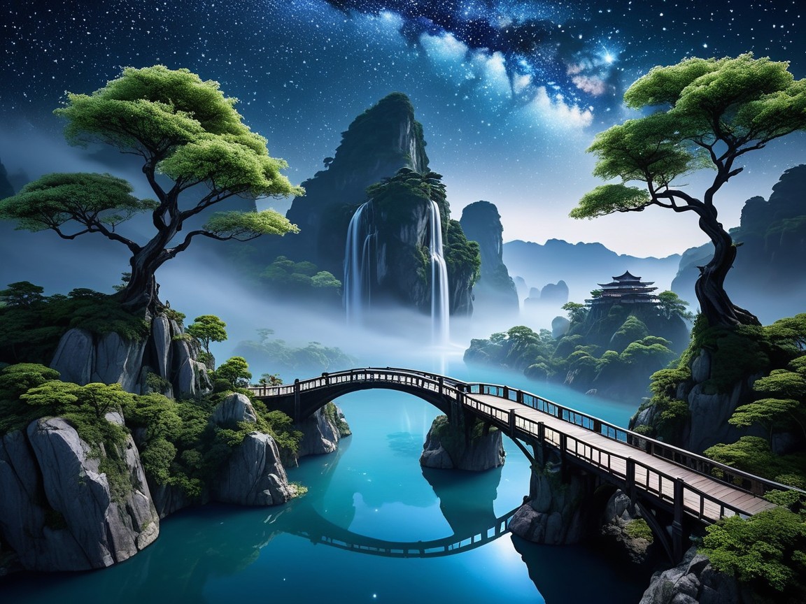 Serene landscape with river, mountains, and pagoda
