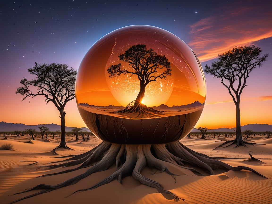Surreal Desert Landscape with Reflective Orb and Sunset