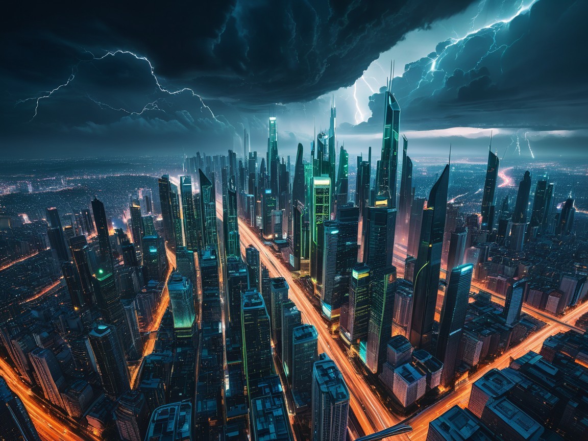 Futuristic cityscape with illuminated skyscrapers and storms