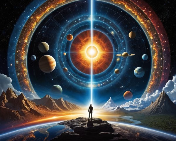 Cosmic Scene with Sunburst and Celestial Bodies
