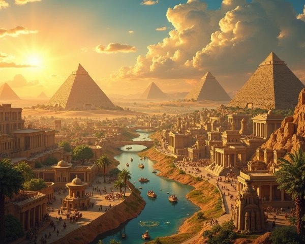 Ancient Egyptian Landscape with Pyramids at Sunset