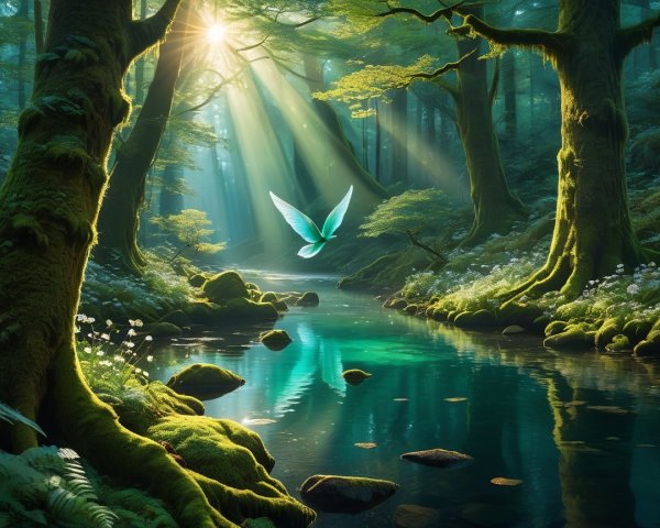 Serene Forest Scene with Stream and Glowing Bird
