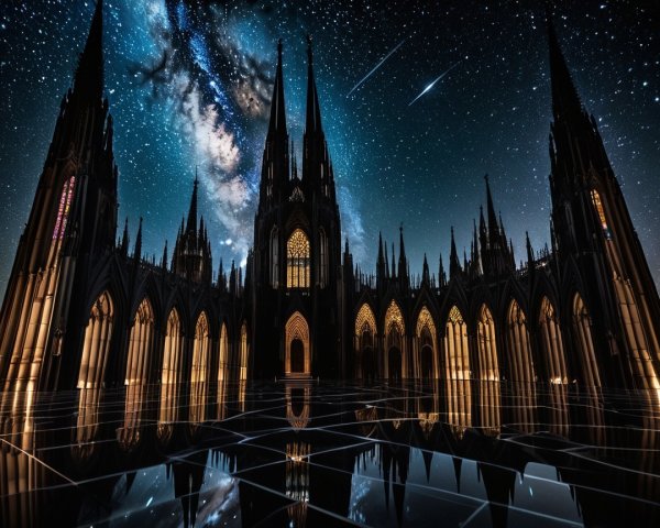 Gothic Cathedral Under Starry Night Sky with Milky Way