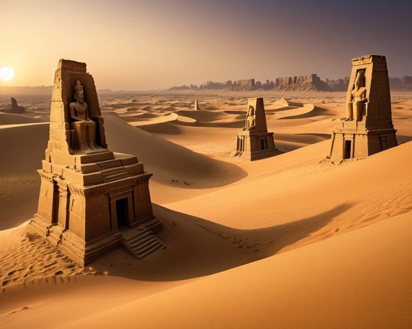 Ancient stone statues in golden sand dunes at sunset
