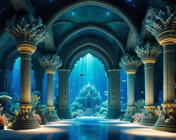 Underwater Scene of Ancient Columns and Marine Life