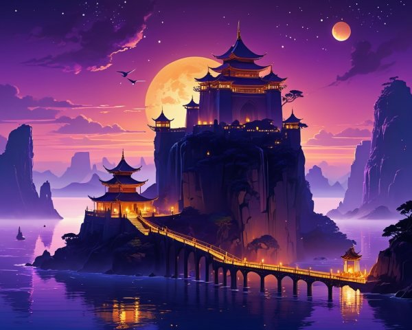 Twilight Landscape with Pagoda and Reflective Water