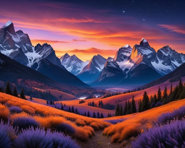 Mountain Landscape at Sunset with Lavender Fields