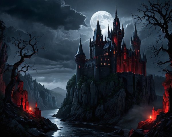 Dark Castle on Cliff with Moonlit Shadows and Stormy Sky