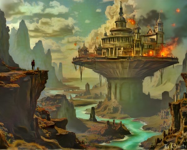 Futuristic city above rugged landscape with waterfalls