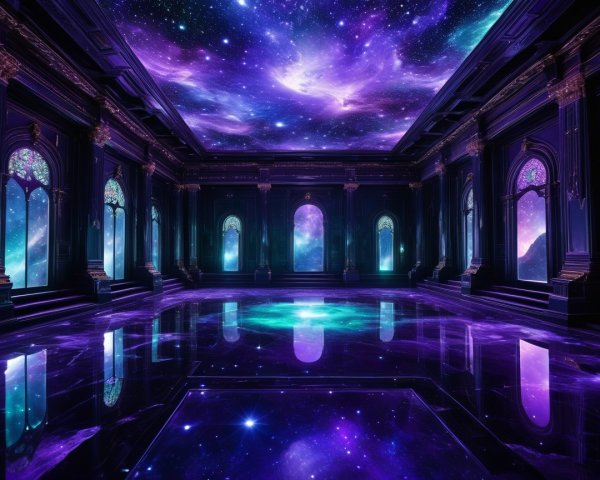 Surreal Interior with Dark Walls and Cosmic Ceiling