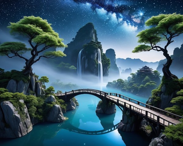 Serene landscape with river, mountains, and pagoda