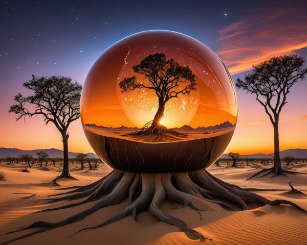 Surreal Desert Landscape with Reflective Orb and Sunset