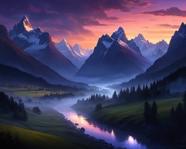 Snow-Capped Mountains and Lush Valley at Sunset