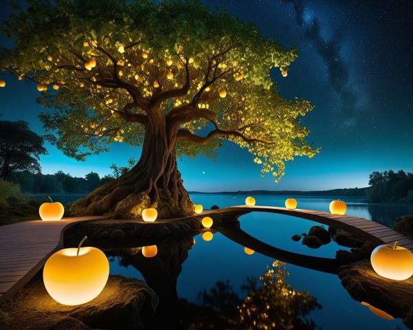 Majestic tree with glowing fruit by serene lake