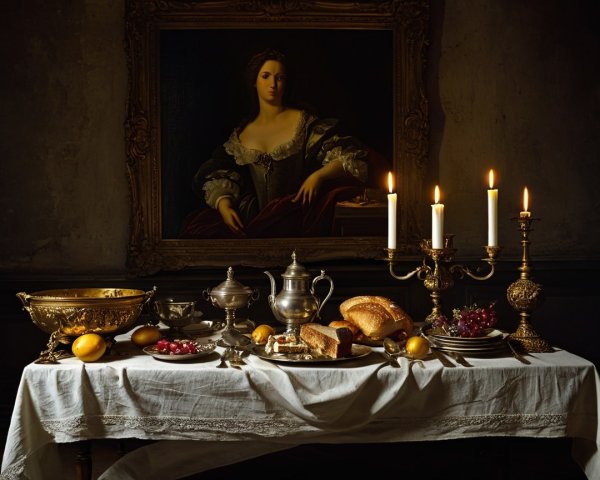 Lavish Table Setting with Silver Dishes and Fruits