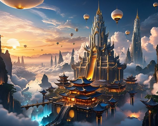 Floating City Above Lush Mountains at Sunset