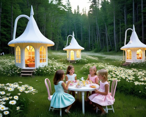 Girls Enjoying Treats in a Flower-Filled Meadow