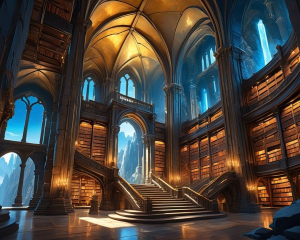 Gothic-Style Library with Towering Bookshelves and Arches