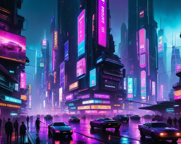 Vibrant Cyberpunk Cityscape with Neon Lights and Skyscrapers