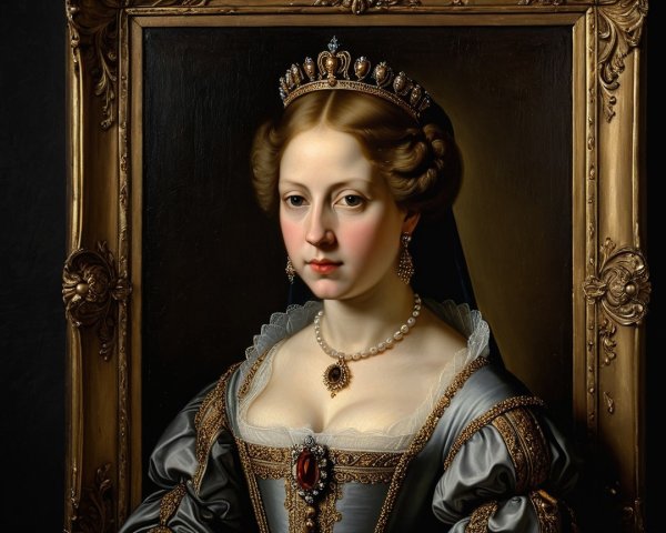Regal woman in lavish gown with intricate designs