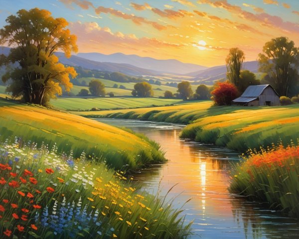 Serene Sunrise Landscape with River and Wildflowers