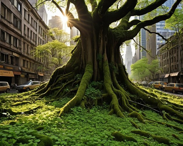 Majestic Tree Amidst Urban Cityscape and Greenery