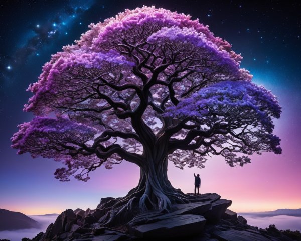 Majestic tree with purple foliage under starry sky