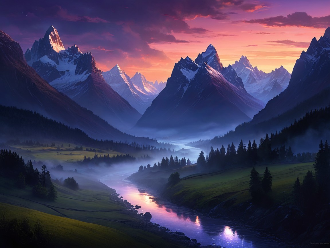 Snow-Capped Mountains and Lush Valley at Sunset