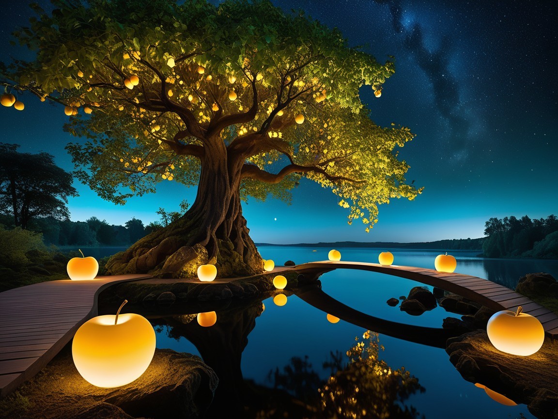 Majestic tree with glowing fruit by serene lake