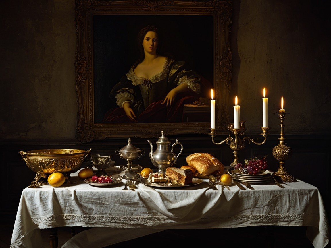 Lavish Table Setting with Silver Dishes and Fruits