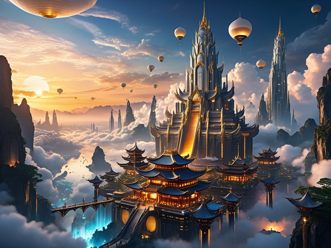 Floating City Above Lush Mountains at Sunset