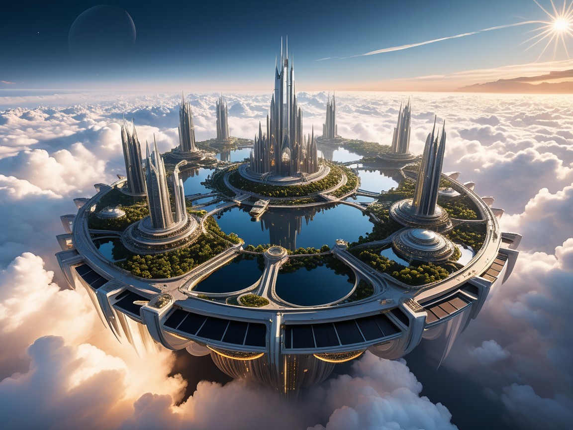 Futuristic Cityscape Among Clouds with Skyscrapers