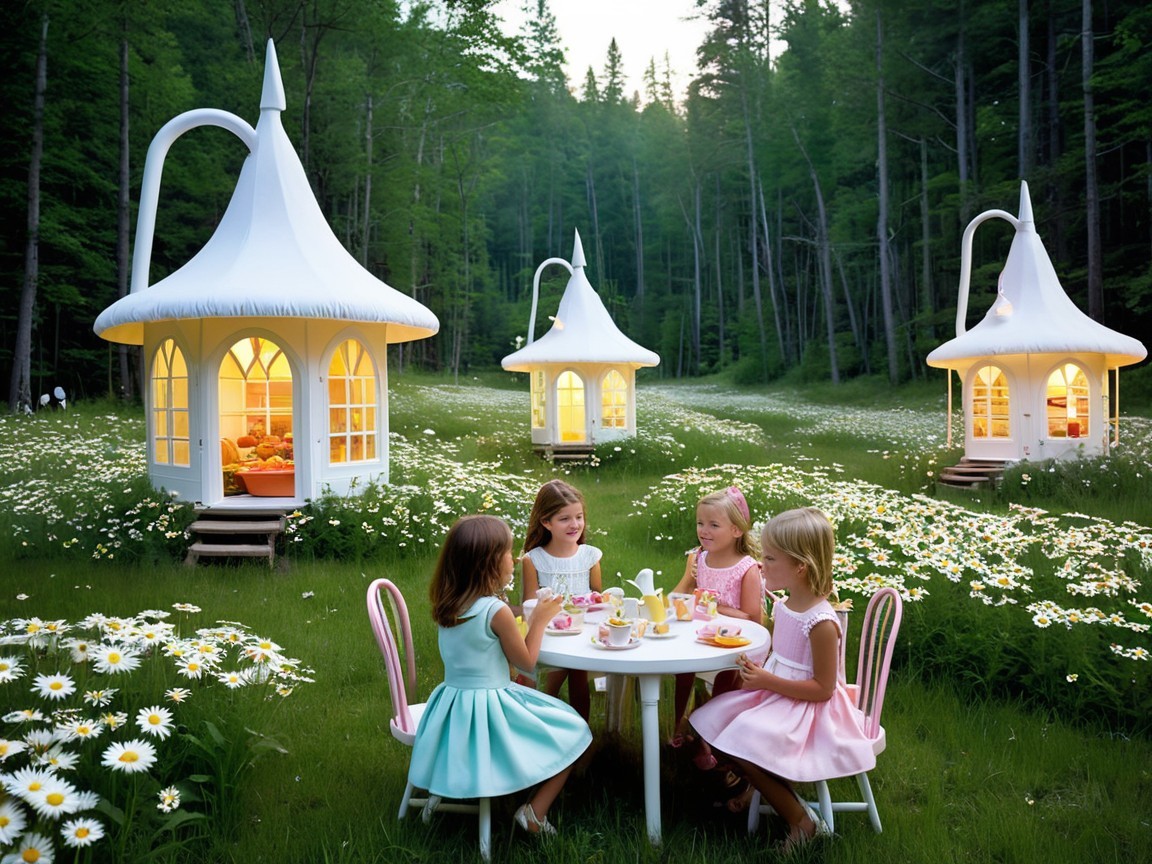 Girls Enjoying Treats in a Flower-Filled Meadow