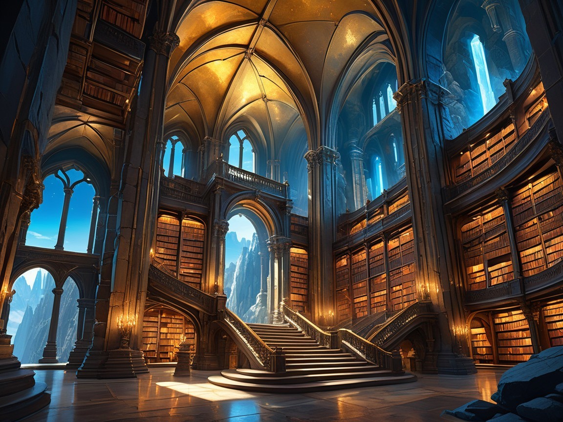 Gothic-Style Library with Towering Bookshelves and Arches