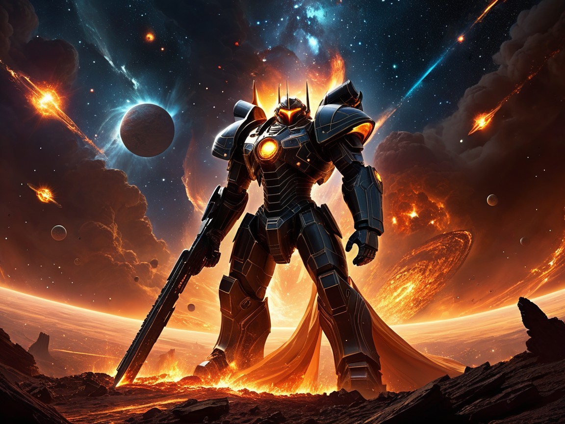 Armored Figure in Vibrant Cosmic Scene with Galaxies