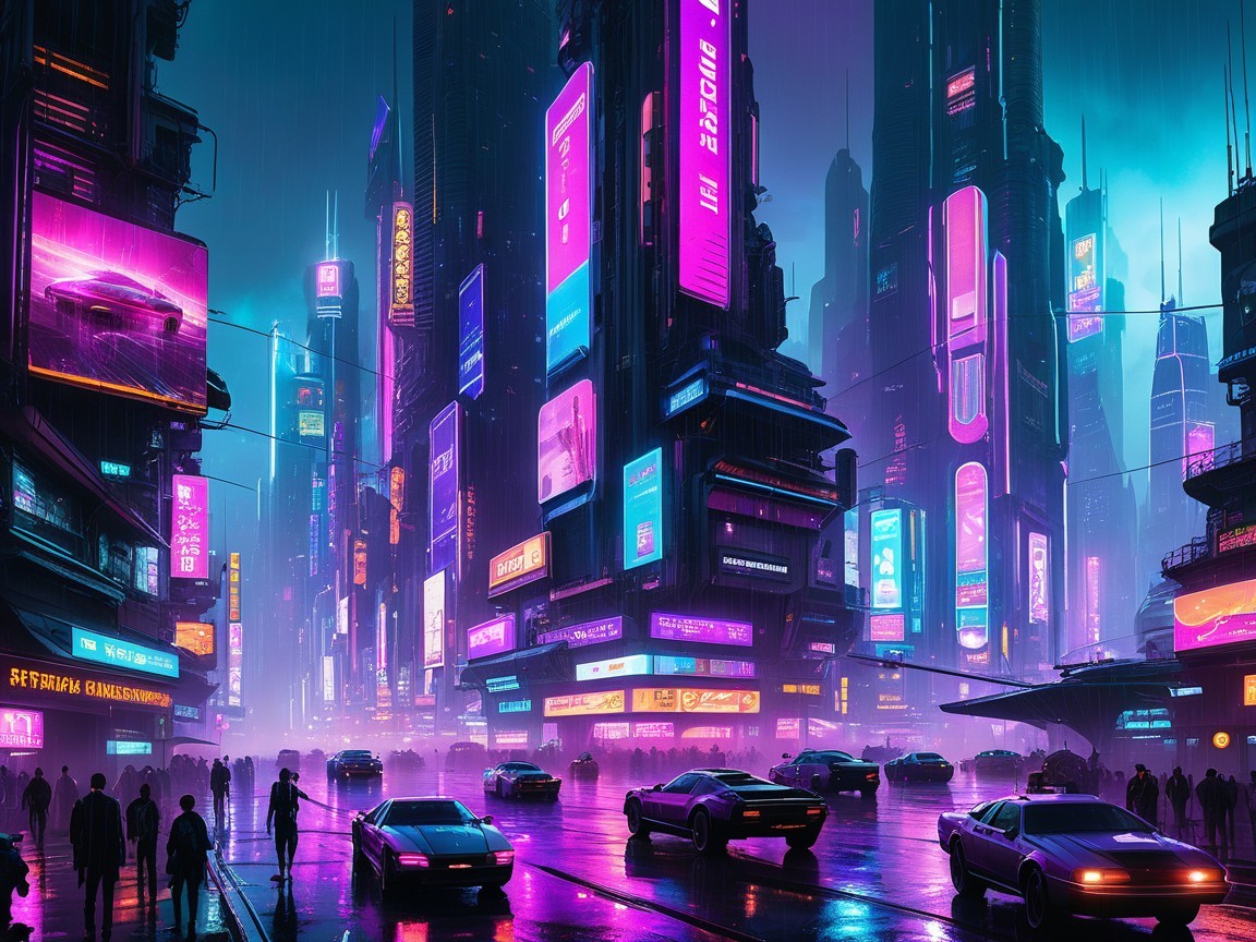 Vibrant Cyberpunk Cityscape with Neon Lights and Skyscrapers