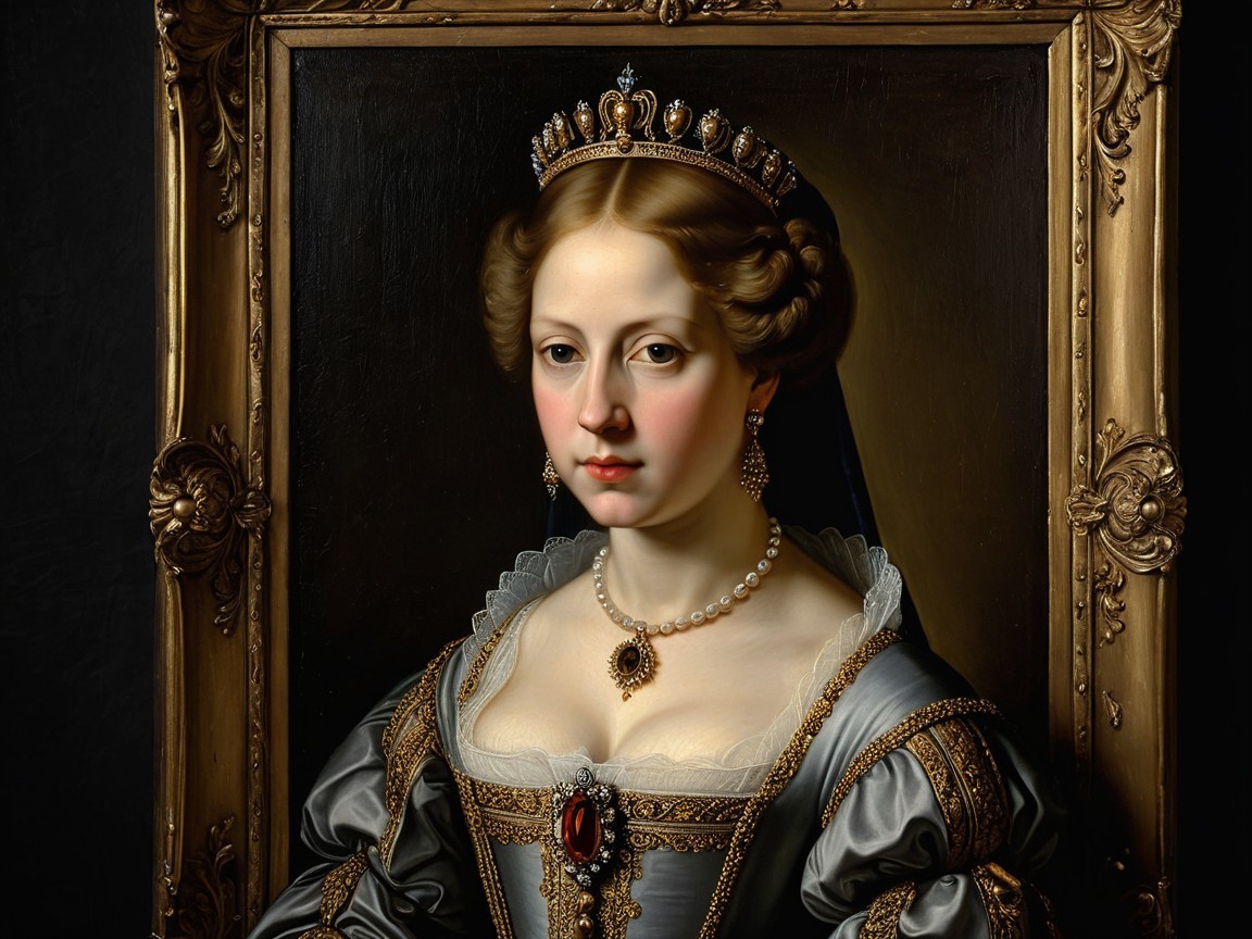 Regal woman in lavish gown with intricate designs