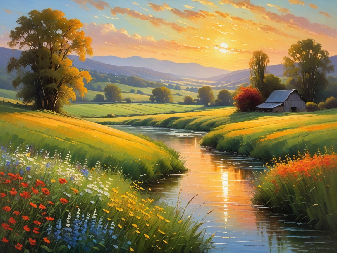 Serene Sunrise Landscape with River and Wildflowers